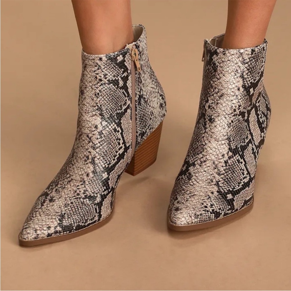 Lulus x Matisse Spirit Natural Snake Print Pointed Toe Ankle Booties